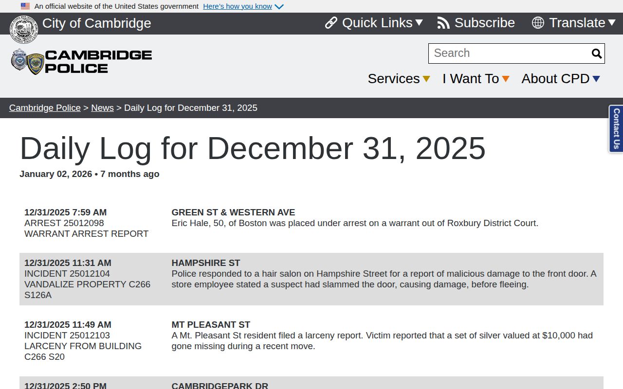 Cambridge Police dated arrest Daily Log record
