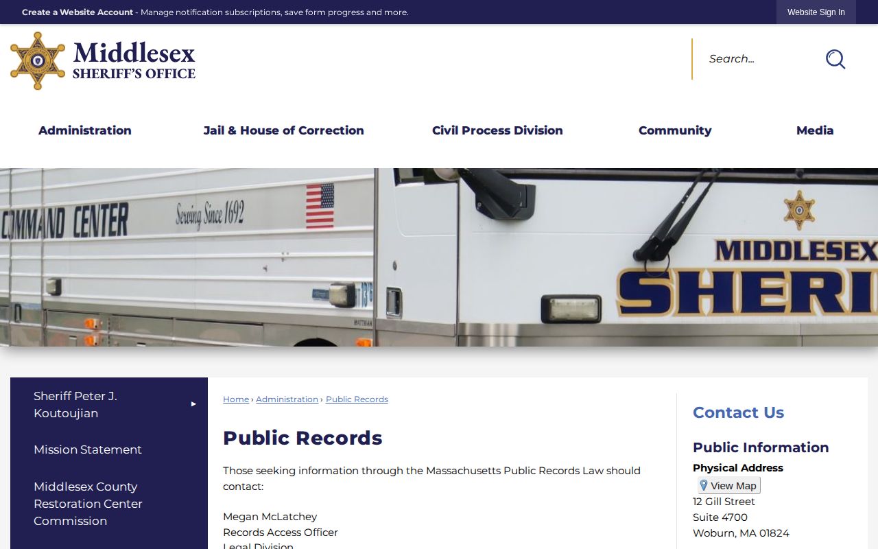 Middlesex County sheriff public records request for booking records