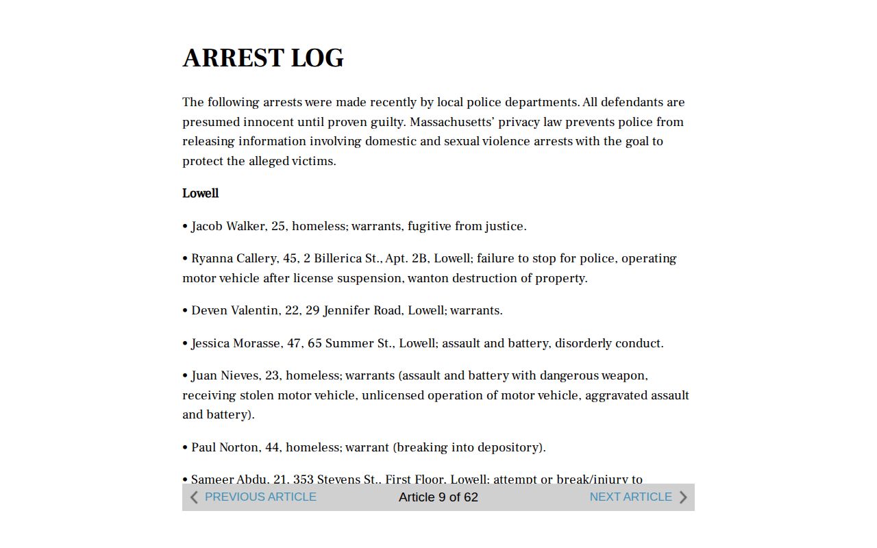 Lowell Sun Middlesex County arrest log news record